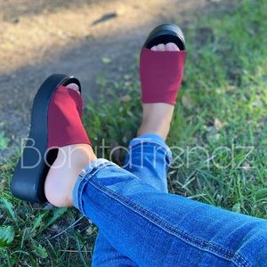 Burgundy Fabric Slip On Platform Slides